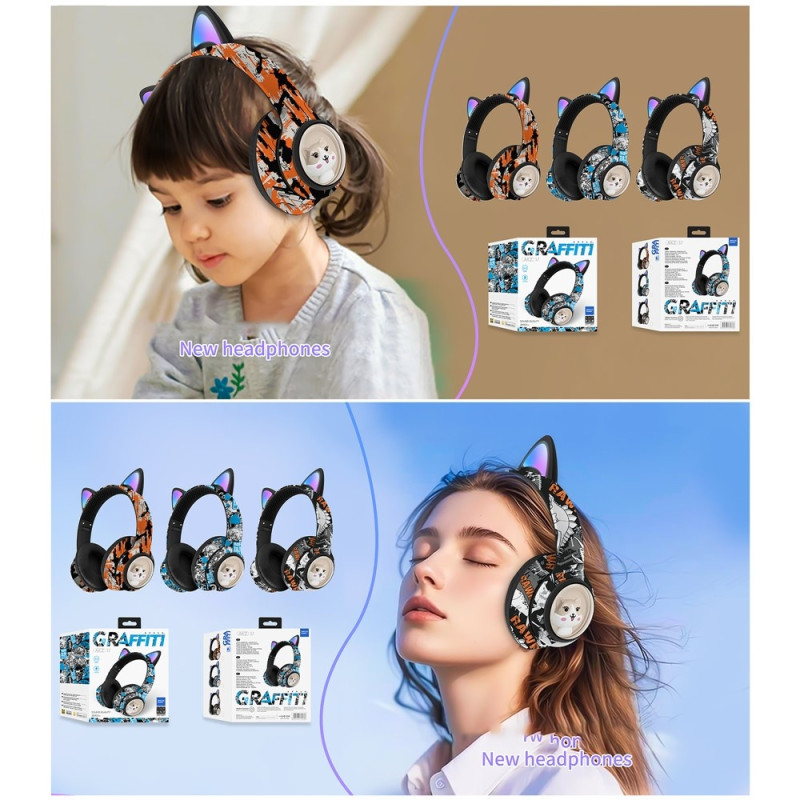 Wireless On-Ear Headphones Cat Ear Bluetooth FM Radio Headset Microphone - Black