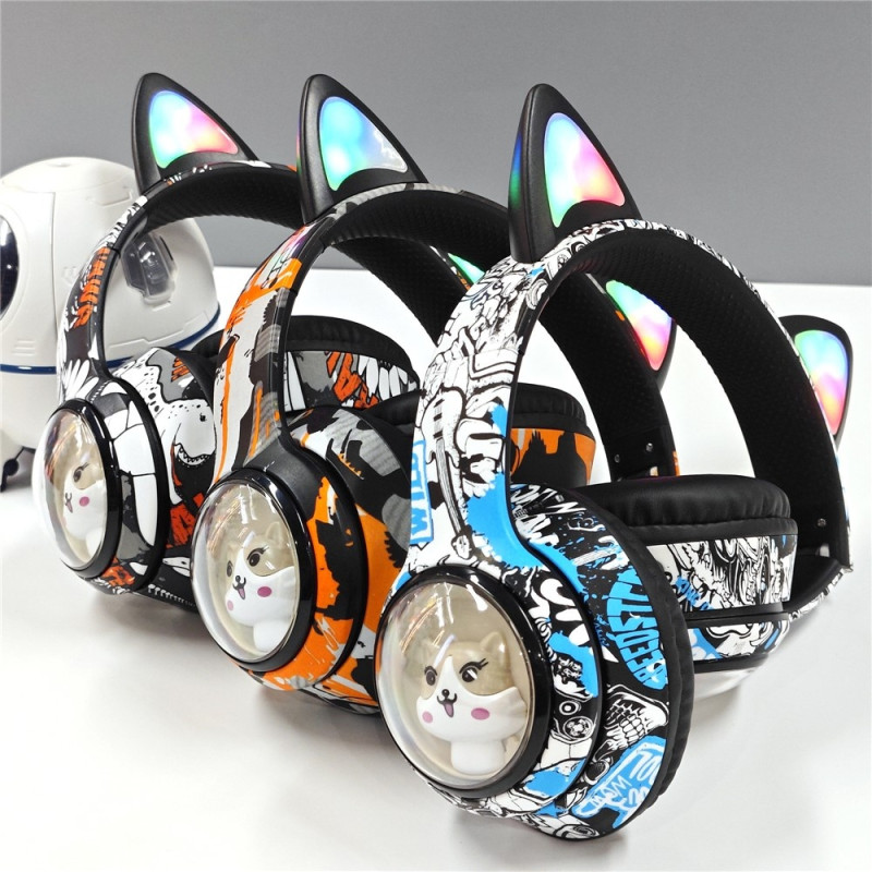 Trådløse On-Ear-hodetelefoner med katteøre, Bluetooth, FM-radio, hodesett med mikrofon - svart