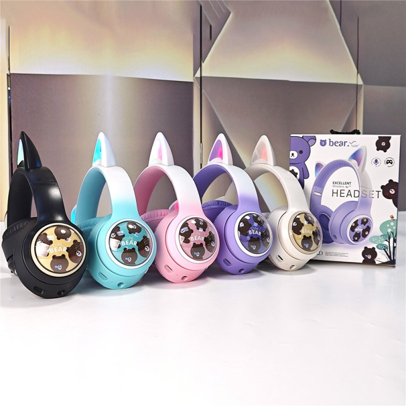 Trådløse On-Ear Hovedtelefoner Glødende Katteøre Bluetooth Gaming Headset - Pink