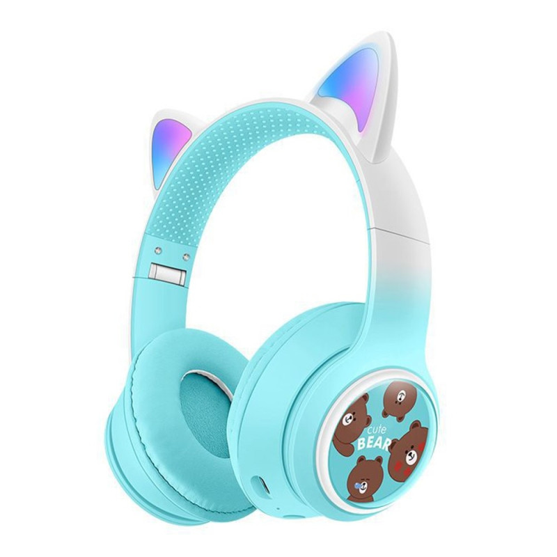 Trådløse On-Ear-hodetelefoner med glødende katteører og Bluetooth-spillhodesett – Blå