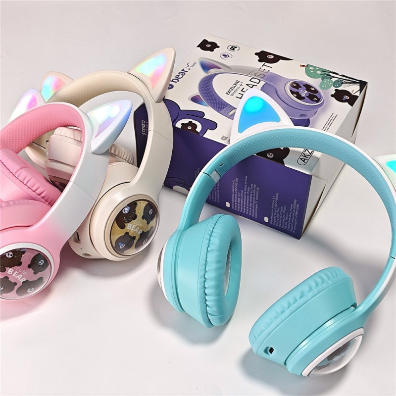 Wireless On-Ear Headphones Glowing Cat Ear Bluetooth Gaming Headset - Black