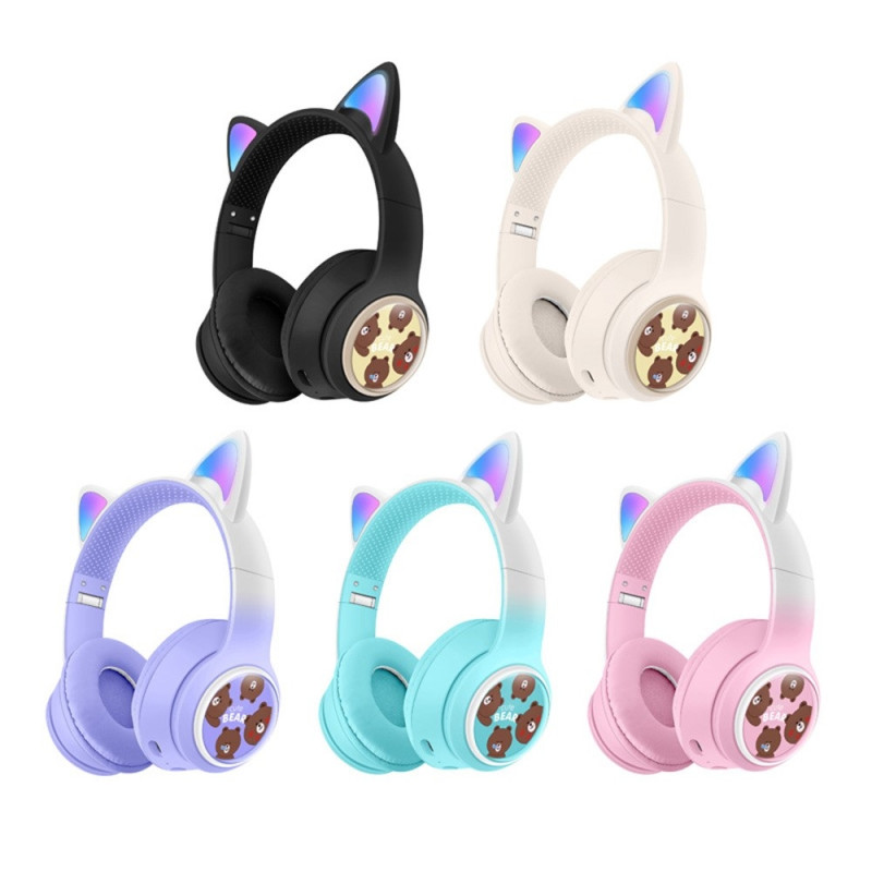 Wireless On-Ear Headphones Glowing Cat Ear Bluetooth Gaming Headset - Black