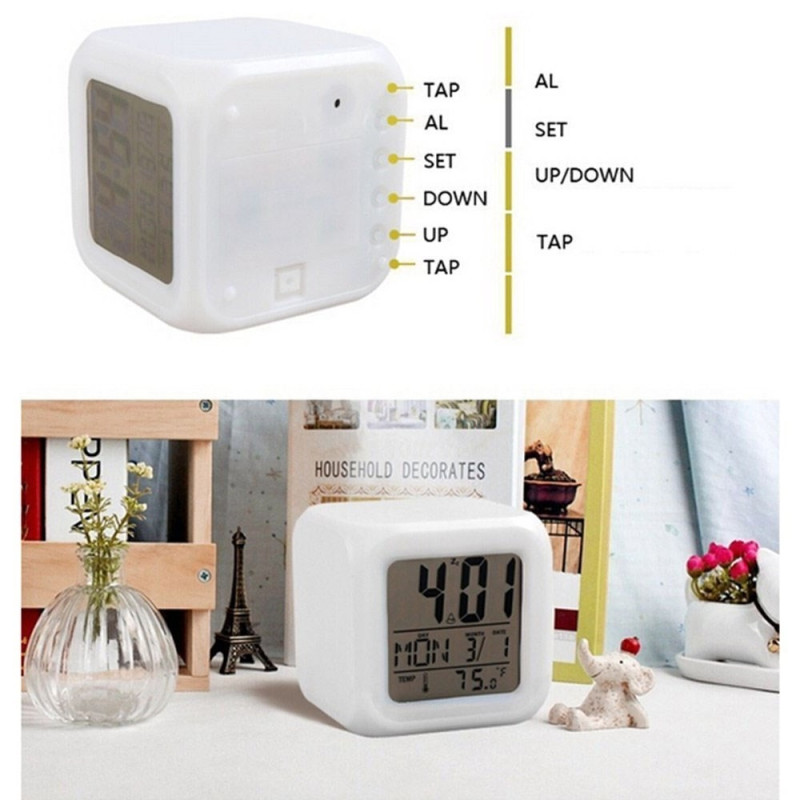 Colorful night light alarm clock with temperature display 7 color changing LED lights