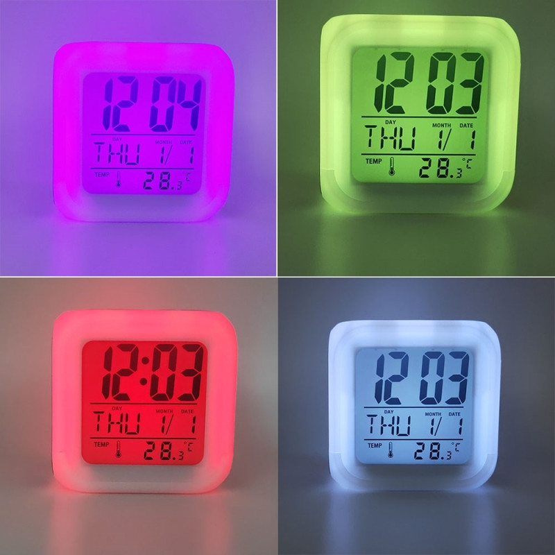 Colorful night light alarm clock with temperature display 7 color changing LED lights