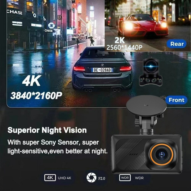 4K front 2K rear car dashcam 3" dual lens WiFi smartphone connection