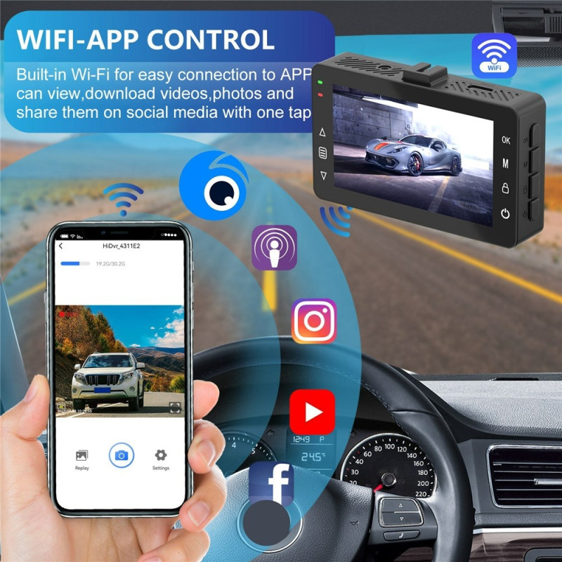 4K front-, 2K bak-bil dashbordkamera 3" dobbel linse WiFi smarttelefontilkobling