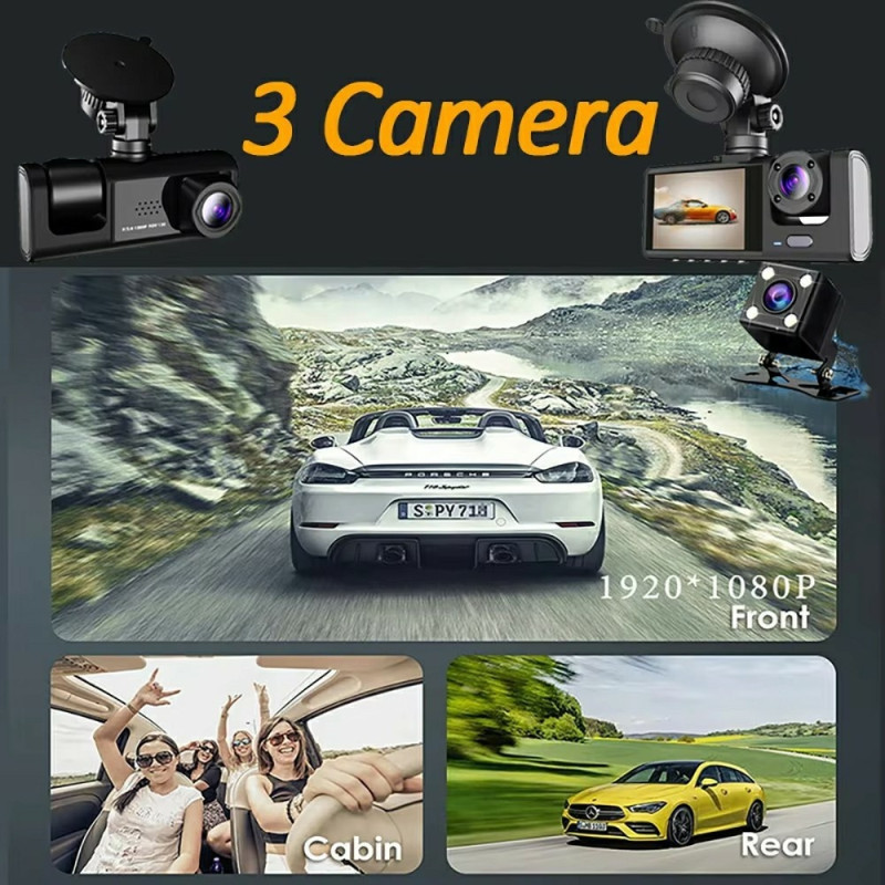 WIFI Car Dash Cam HD 1080P Front/Inside/Rear 3 Lenses Car DVR Parking Recorder