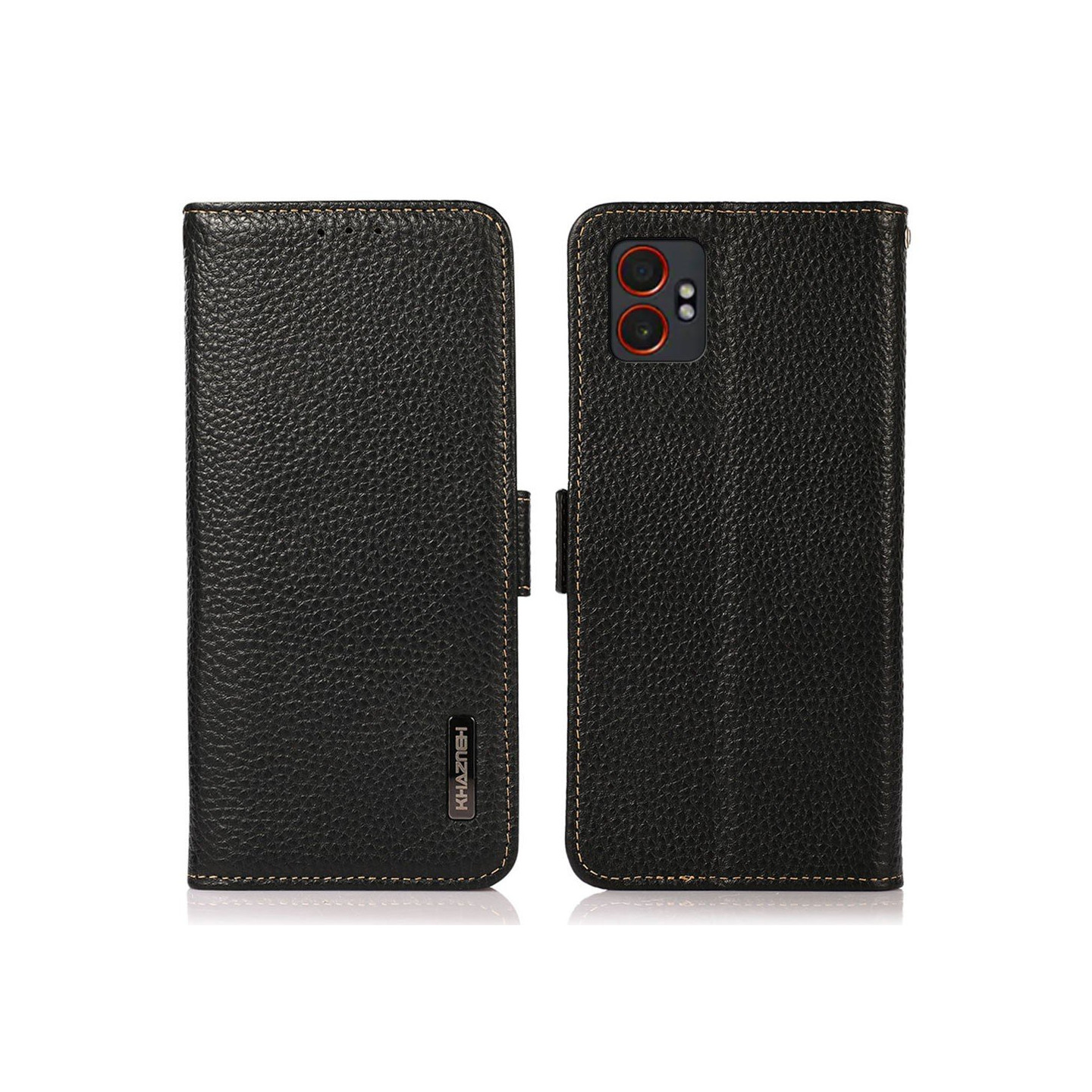 KHAZNEH For Samsung Galaxy XCover7 Pro Phone Case RFID Blocking Genuine Cow Leather Flip Cover - Black