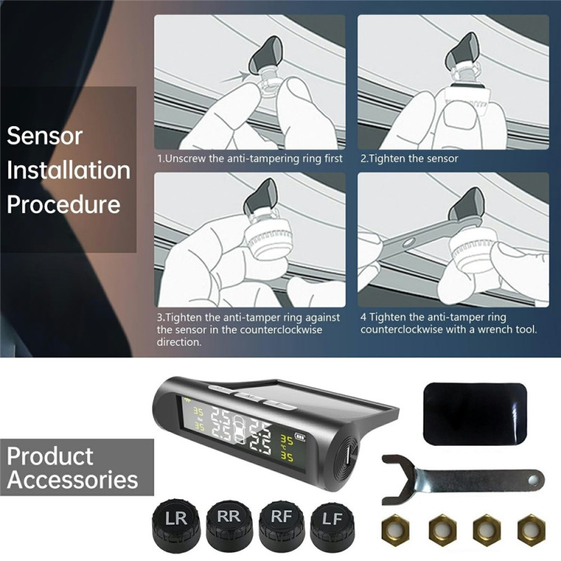 TPMS Tire Pressure Monitoring System Solar Powered Car Tire Sensor High Low Pressure Warning