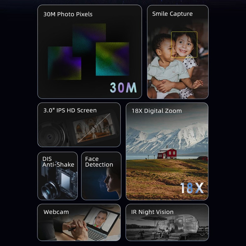 Videokamera ORDRO B320 3" IPS Infrarødt Nattesyn 18X Zoom 30MP Digitalkamera