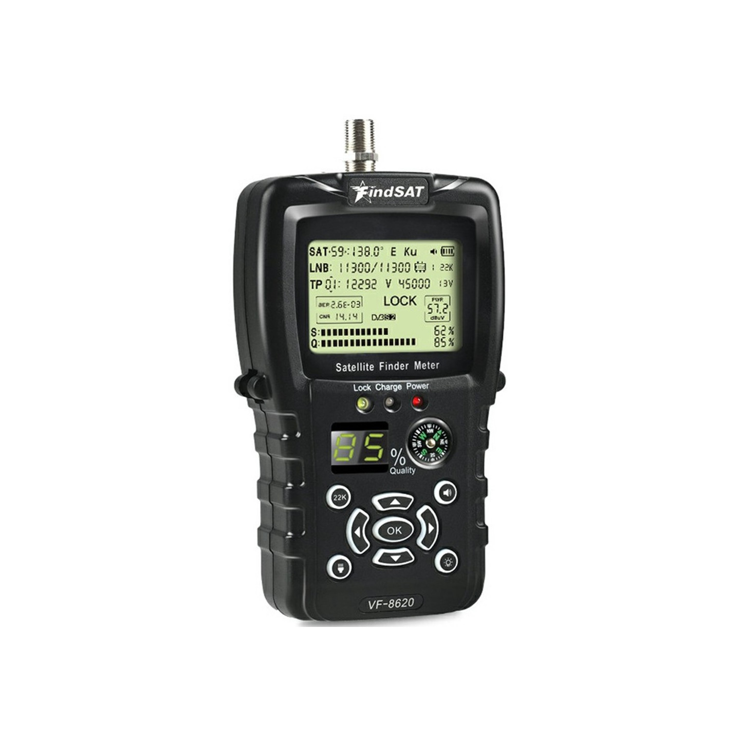 FINDSAT VF-8620 DVB-S2 S2X Satellittsøker Lommelykt Kompass Høy Signalstyrke