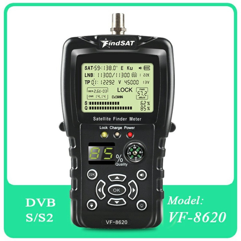 FINDSAT VF-8620 DVB-S2 S2X Satellitfinder Lommelygte Kompas Høj Signalstyrke