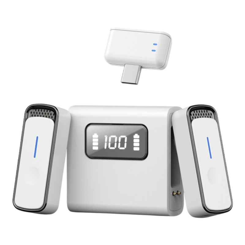 USB-C Wireless Lavalier Noise Cancelling 2 Microphones Charging Case White+Black