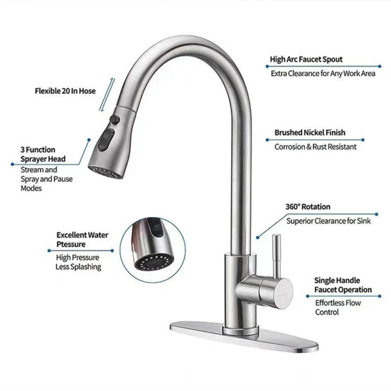Kitchen faucet 3 positions stainless steel sink 360° rotatable pull-out water mixer