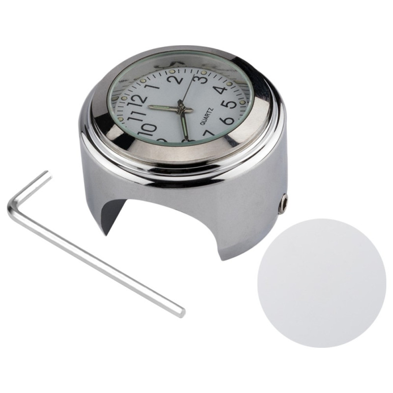 Klocka För Motorcykel 22-25.4mm Styre Lysande - Silver Skal Vit Urtavla