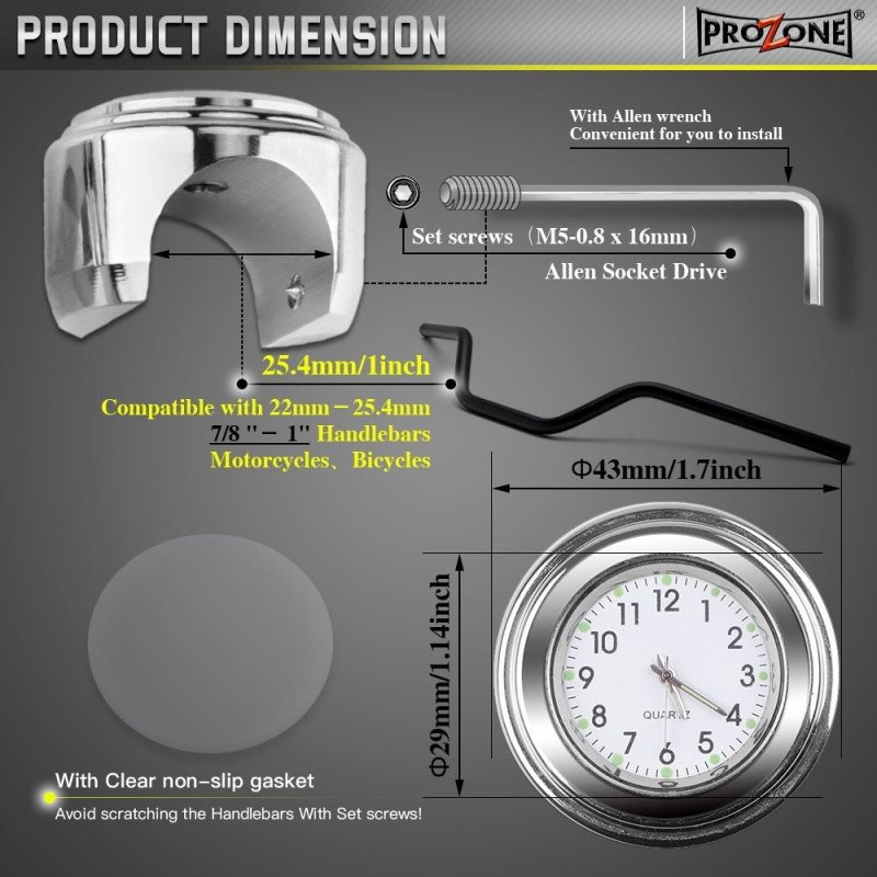 Ur til motorcykel 22-25,4 mm styr med lysende urskive - Sort urkasse sort urskive