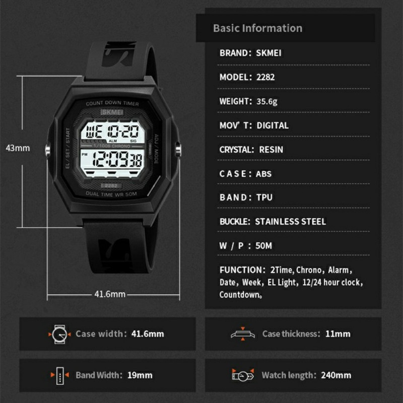 SKMEI Digital Electronic Wristwatch Clock Waterproof Countdown - Black+White