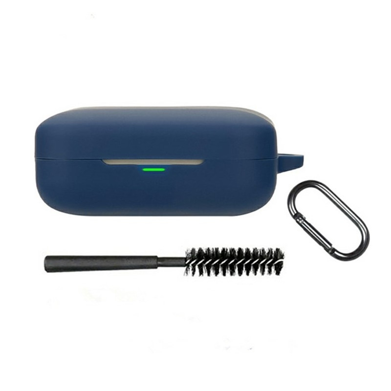 Realme Buds Air 7 -kuulokkeille tarkoitettu silikonikuori – suojakotelo karabiinihaalla ja harjalla Tummansininen