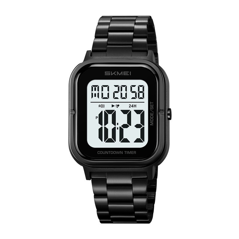 SKMEI Waterproof Digital Wristwatch Clock Lighting Stopwatch - Black+White+Steel