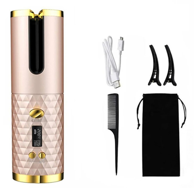 Curl Hair Curling Iron Rotating Hair Curling Iron LCD Display Ceramic Wavy - Gold
