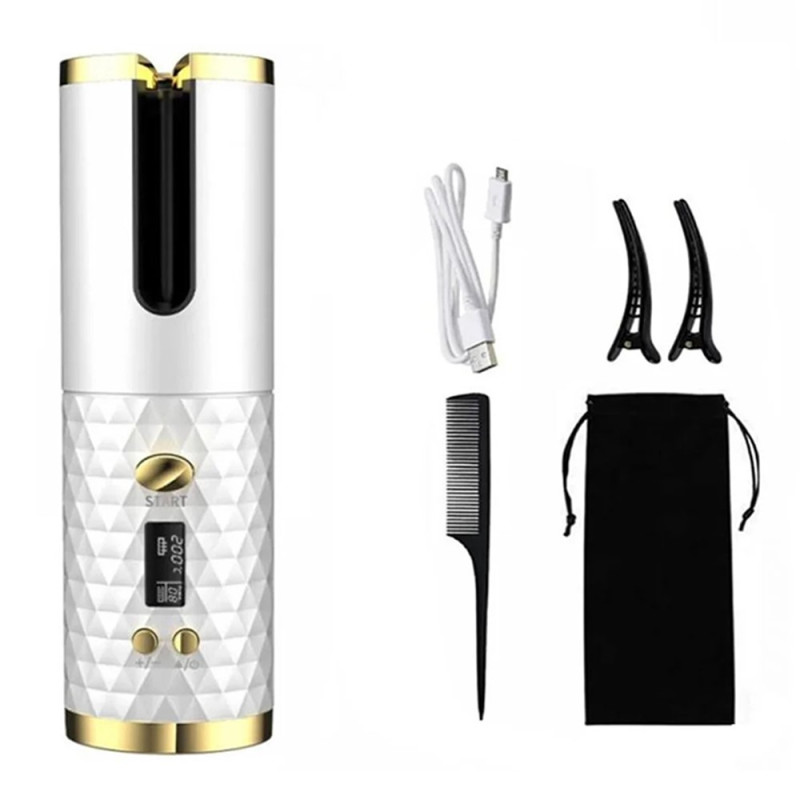 Krøllejern til krøller, roterende krøllejern, LCD-display, keramisk, bølget hår - Hvid