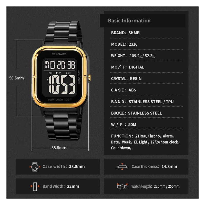SKMEI Waterproof Digital Wristwatch Clock Lighting Stopwatch - Gold+Black+TPU