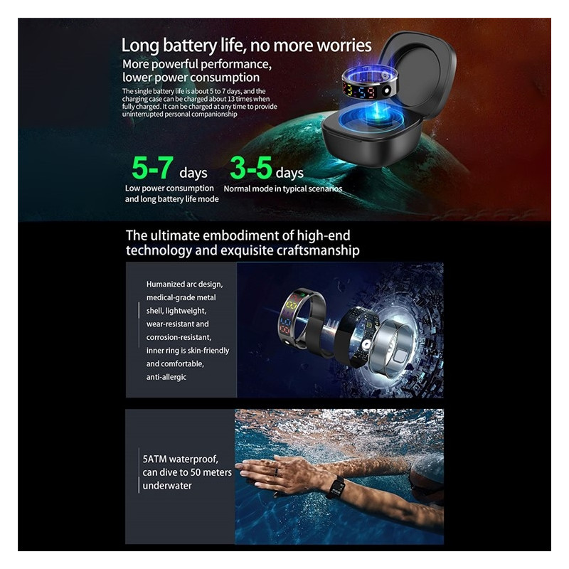 Vattentät Smart Ring Sömntracker Blodsyre Pulsmätare Laddningsfodral - Storlek 9