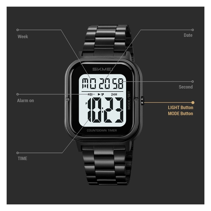SKMEI Vattentät Digital Armbandsur Klocka Belysning Stoppur - Svart+Svart+TPU