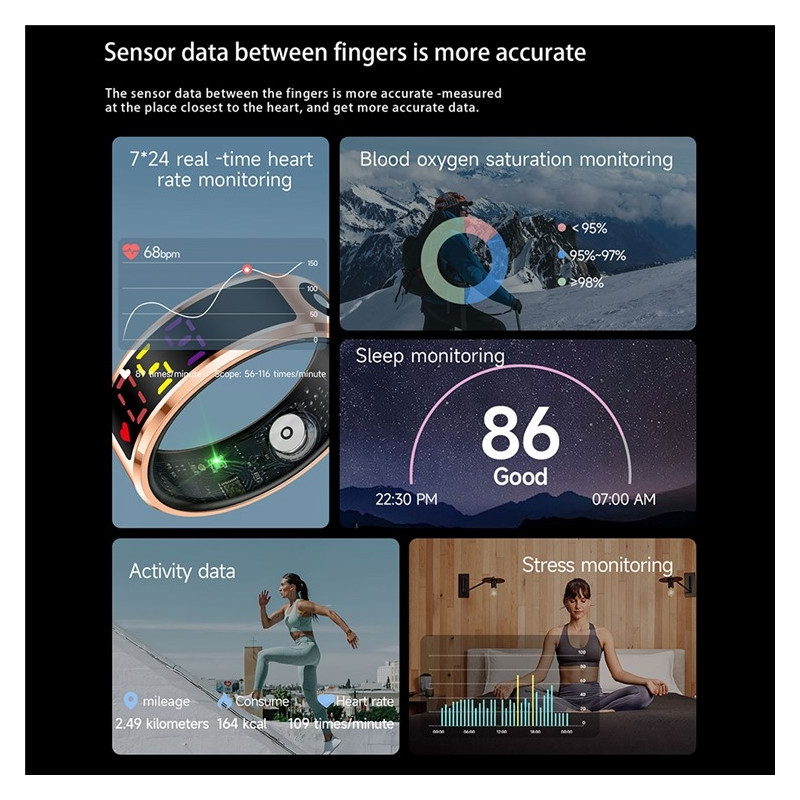 Waterproof Smart Ring Sleep Tracker Blood Oxygen Heart Rate Monitor Charging Case - Size 8