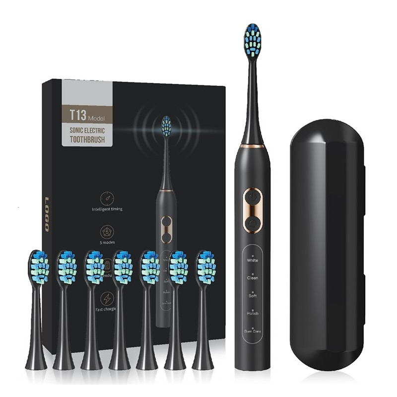Electric Toothbrush Soft Bristles Sonic Electric Toothbrush 8 Brush Heads - Black