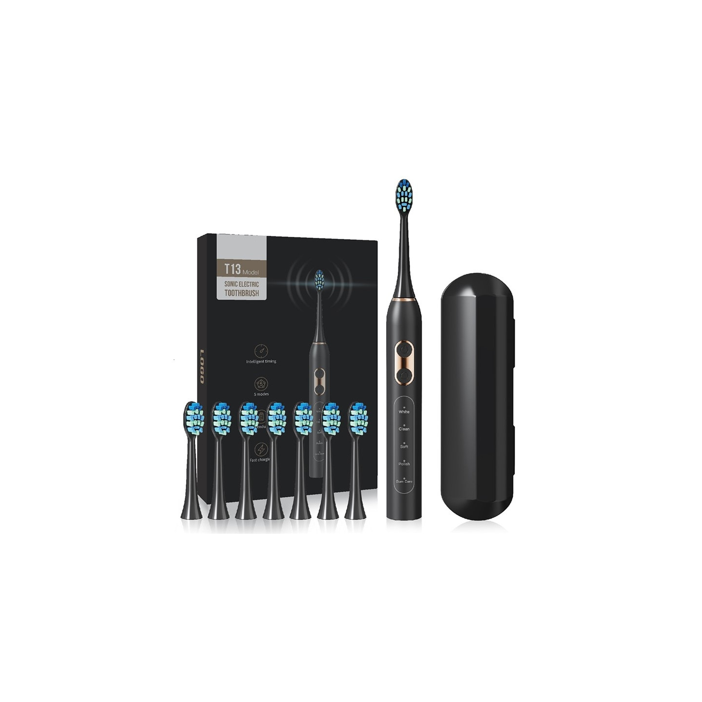 Electric Toothbrush Soft Bristles Sonic Electric Toothbrush 8 Brush Heads - Black