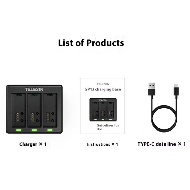 TELESIN S0-BCG-1 GoPro Hero 13 -kameran akun lataustelineelle, 3 latauslaatikkoa