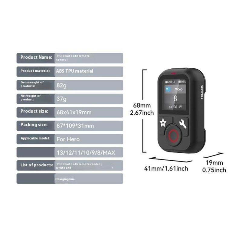 Fjernkontroll for GoPro Hero 13 12 11 10 9 8 GoPro MAX Bluetooth fargeskjerm