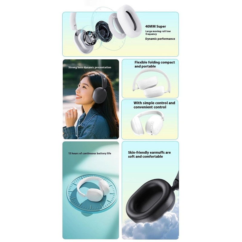 LENOVO Wireless Over-Ear Headphones Foldable Music Bluetooth Headset - White