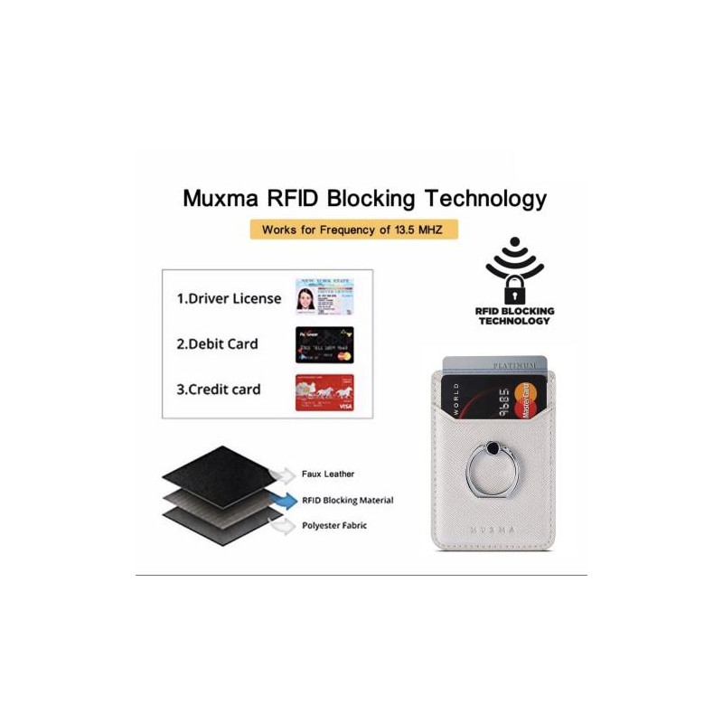 MUXMA Card Holder Ring Stand RFID Blocking Adhesive Credit Card Slot - White