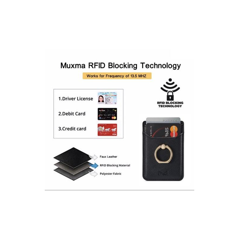 MUXMA Card Holder Ring Stand RFID Blocking Adhesive Credit Card Slot - Black