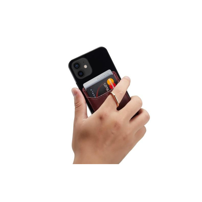 MUXMA Card Holder Ring Stand RFID Blocking Adhesive Credit Card Slot - Wine Red