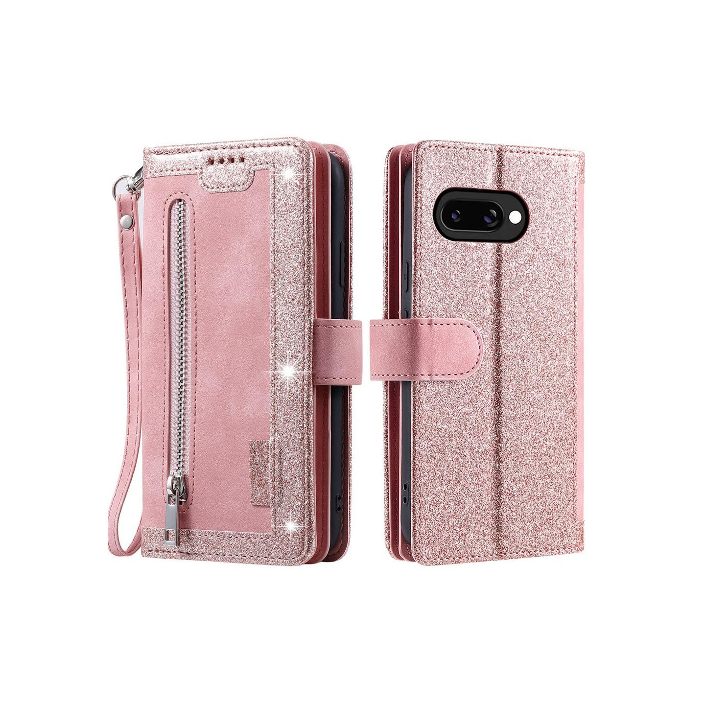 För Google Pixel 9A Fodral med Dragkedja och 9 Kortplatser – RoseGold