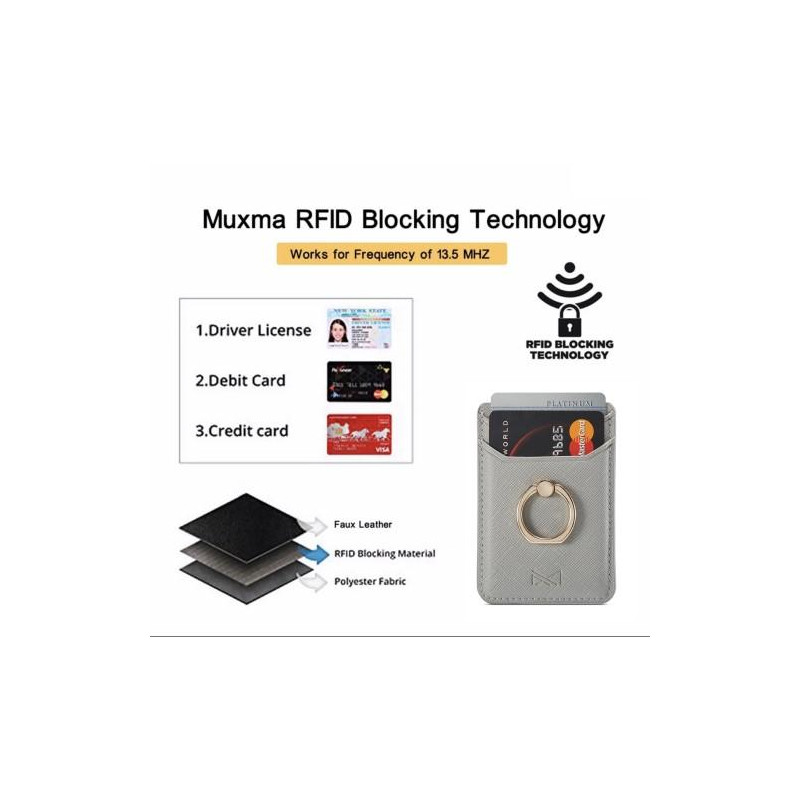 MUXMA Card Holder Ring Stand RFID Blocking Adhesive Credit Card Slot - Grey