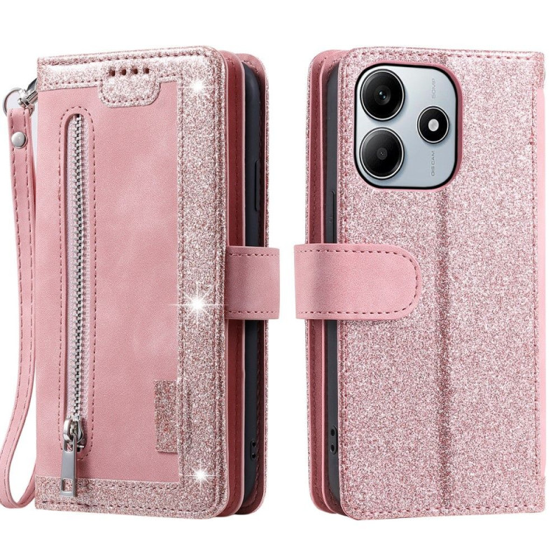 For Xiaomi Redmi Note 14 4G Case Zipper Pocket PU Leather Phone Cover with 9 Card Slots