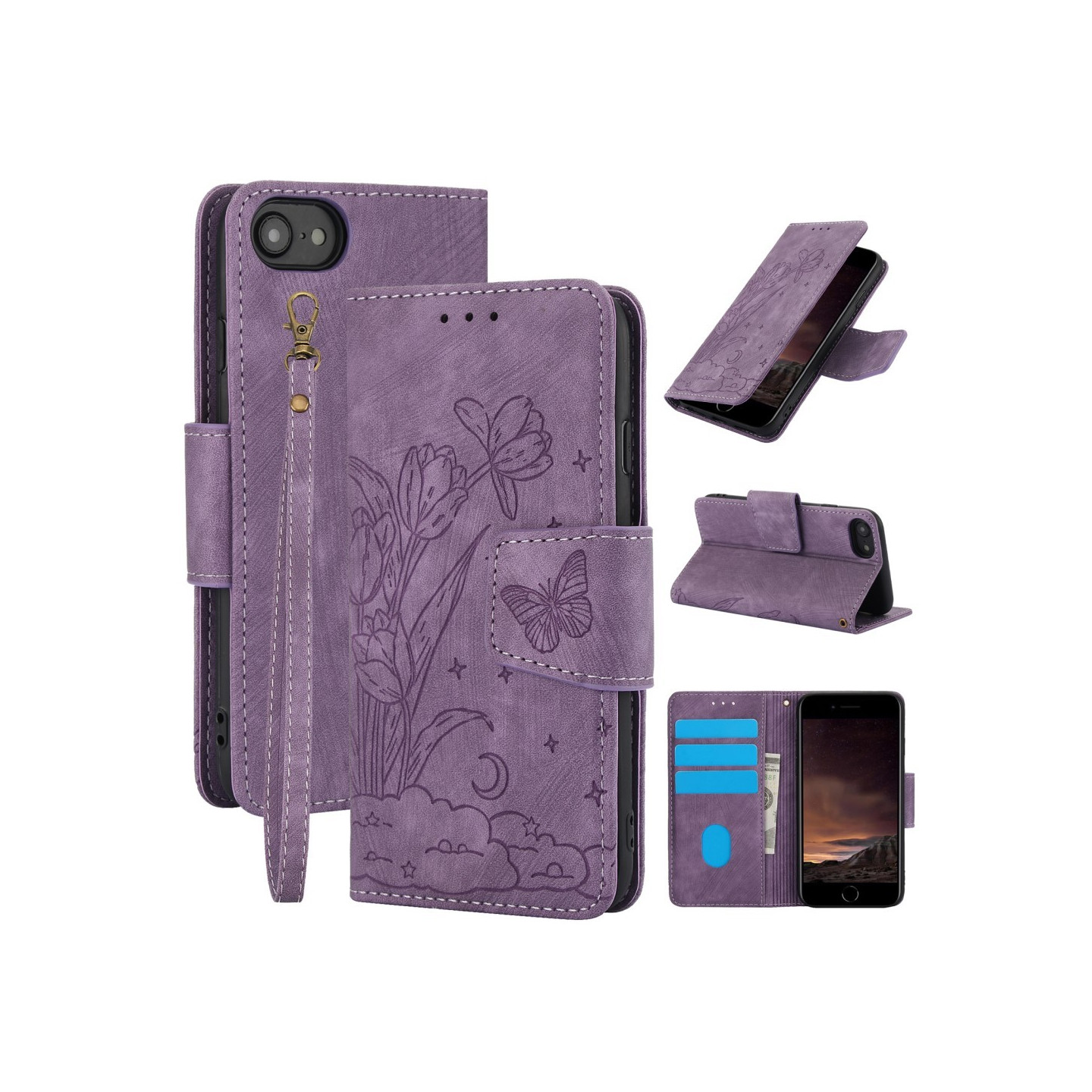 For iPhone 17e / 16e Etui Sommerfugl Blomst Ripebestandig Telefondeksel