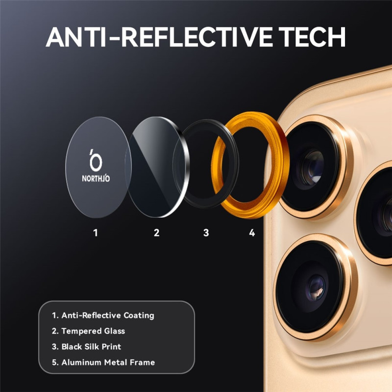 NORTHJO For iPhone 17 Pro Max / iPhone 17 Pro Camera Lens Protector Tempered Glass Metal Ring - Orange