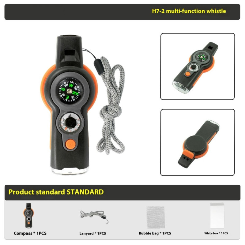 7-i-1 Whistle Survival Whistle med kompas / LED lys / forstørrelsesglas