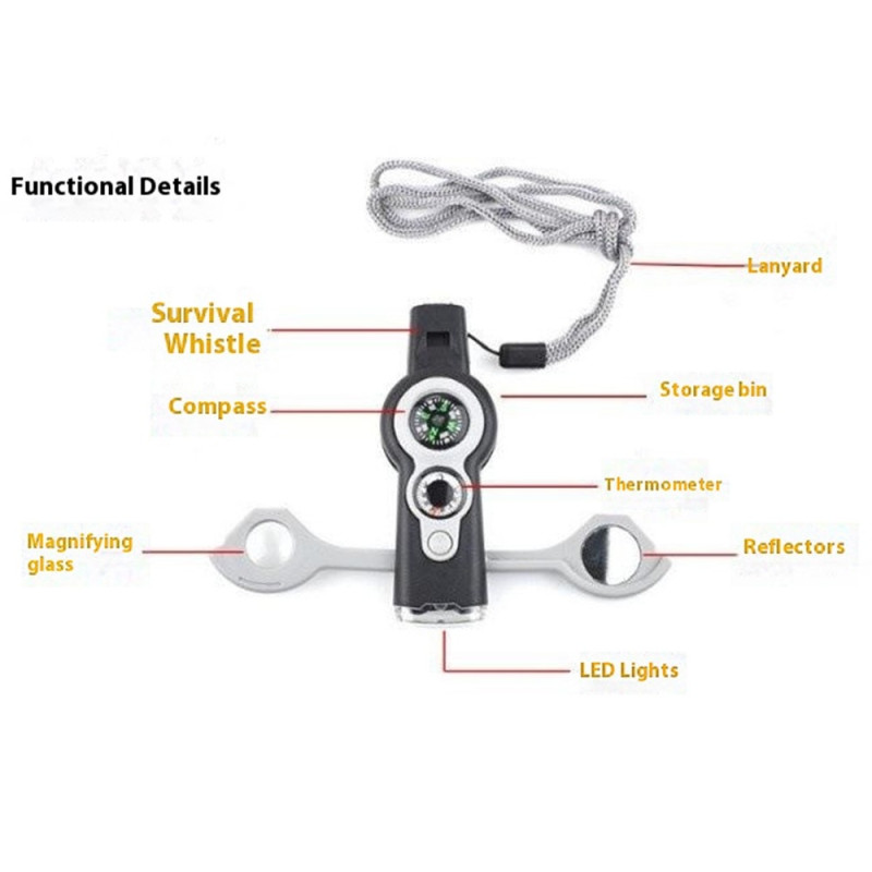 7-i-1 Visselpipa Survival Whistle med kompass / LED-ljus / förstoringsglas