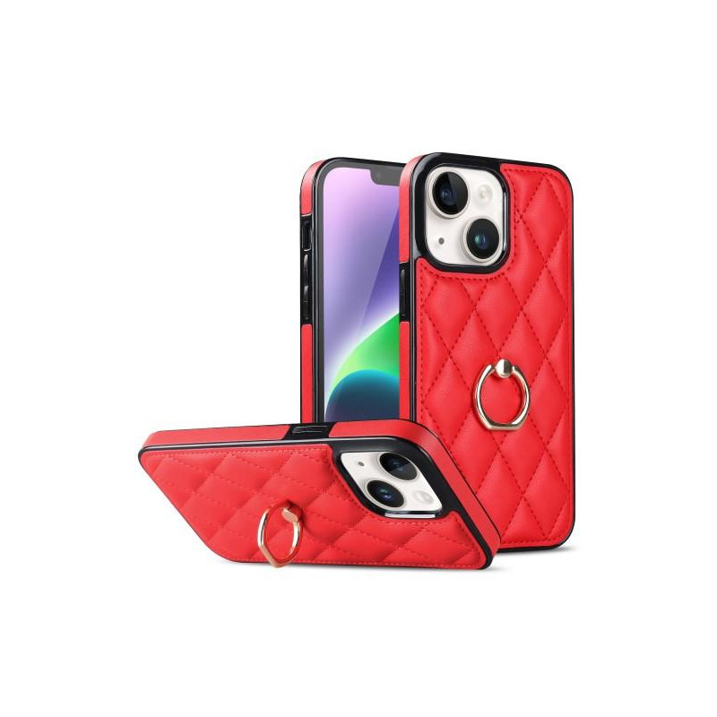 iPhone 14 Etui Rhombus Grid Pattern Bagcoverring Kickstand - Rød