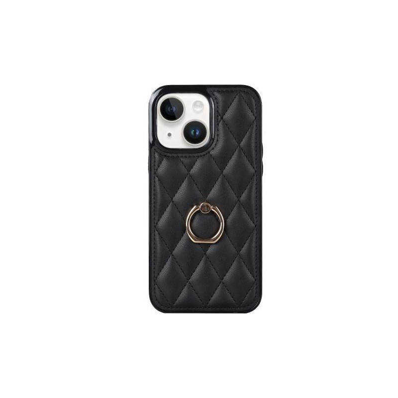iPhone 14 Case Rhombus Grid Pattern Back Cover Ring Kickstand - Black