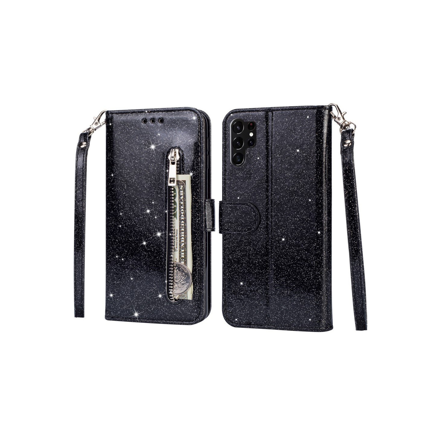 För Samsung Galaxy S25 Ultra Ställbart Glitterfodral med Dragkedjeficka