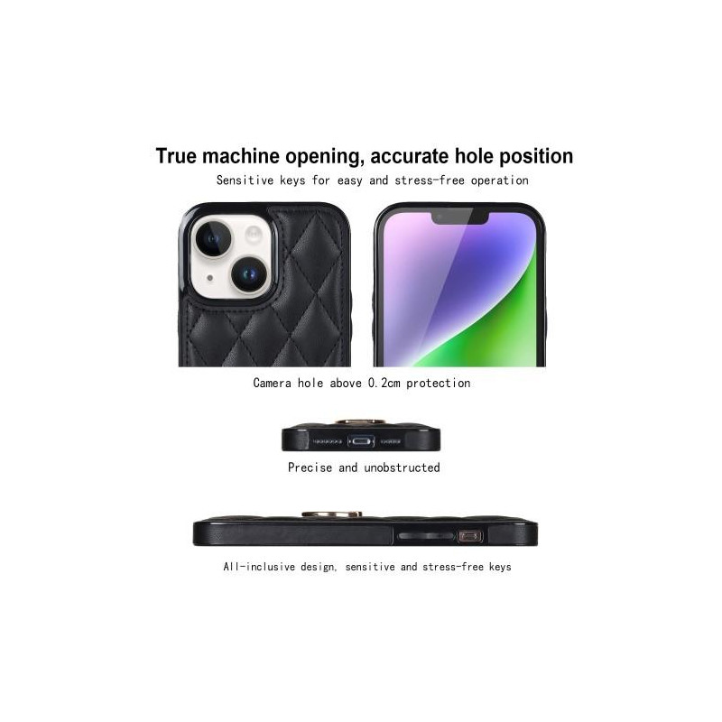 iPhone 14 Case Rhombus Grid Pattern Back Cover Ring Kickstand - Black