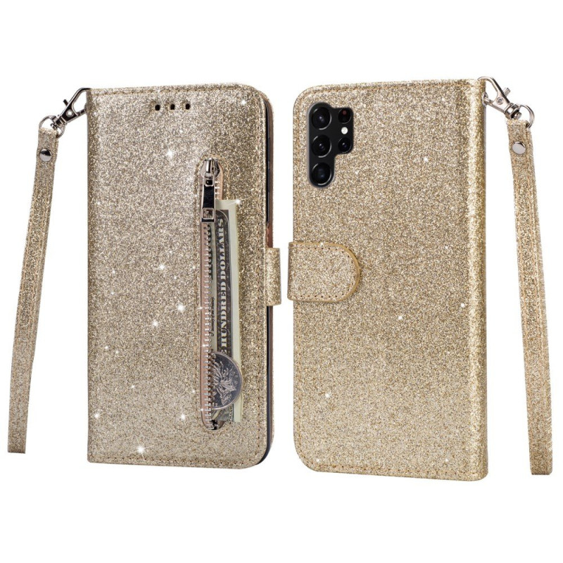 For Samsung Galaxy S25 Ultra Stand Case Glitter Phone Leather Cover Zipper Pocket