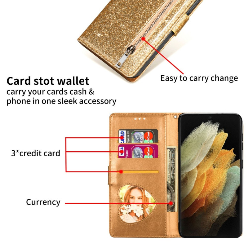 For Samsung Galaxy S25 Ultra Stand Case Glitter Phone Leather Cover Zipper Pocket